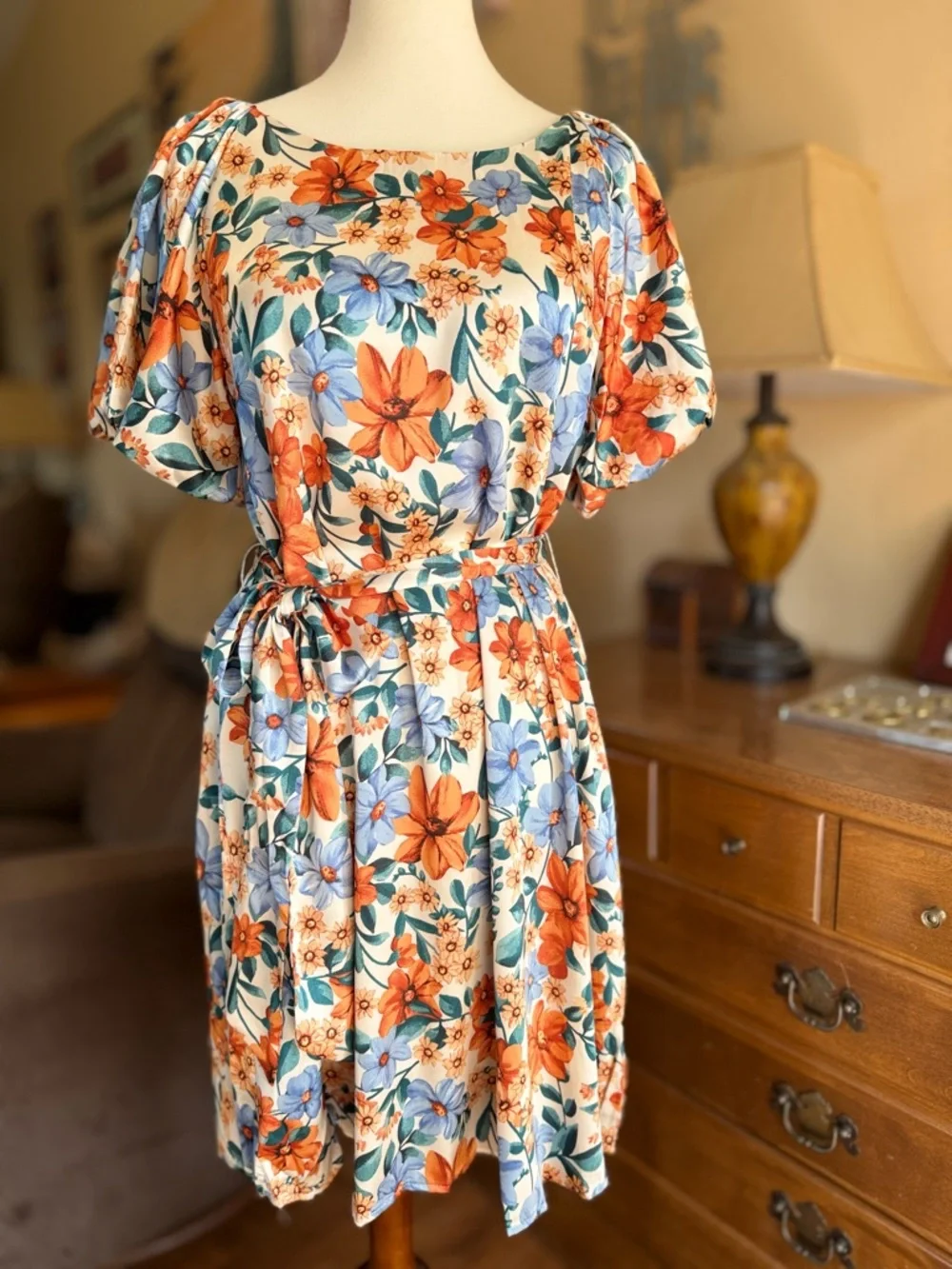 NWT Umgee Cream Floral Tie-Waist Mini Dress with Orange & Blue Blooms - Picture 2 of 9